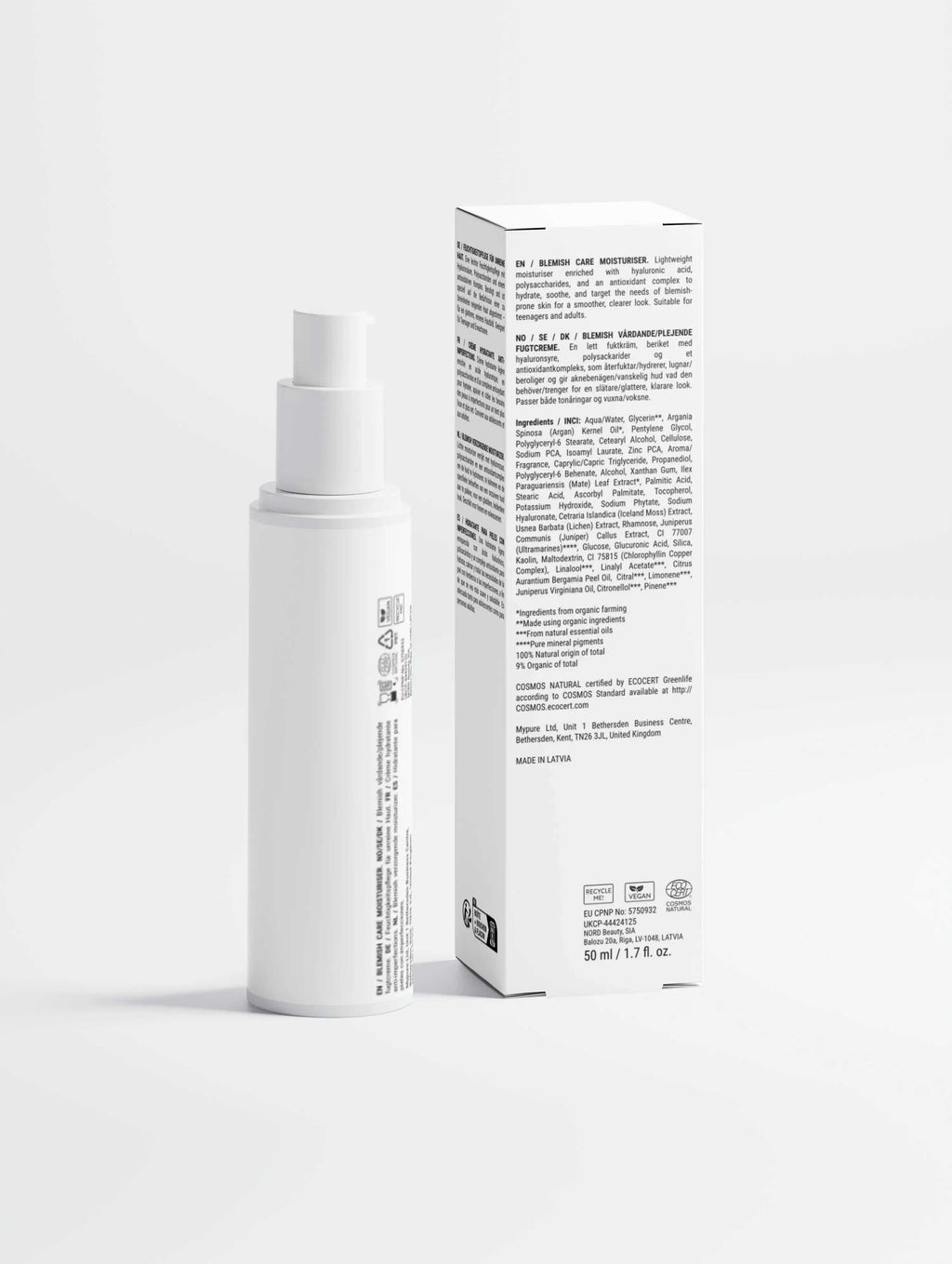 Moisturizer fles met pomp en ingrediëntenlijst, skincare verpakking tegen acne en anti-aging.