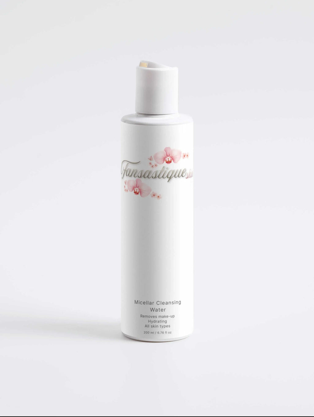Witte fles micellaire reinigingswater met bloemenprint, make-up remover voor alle huidtypen