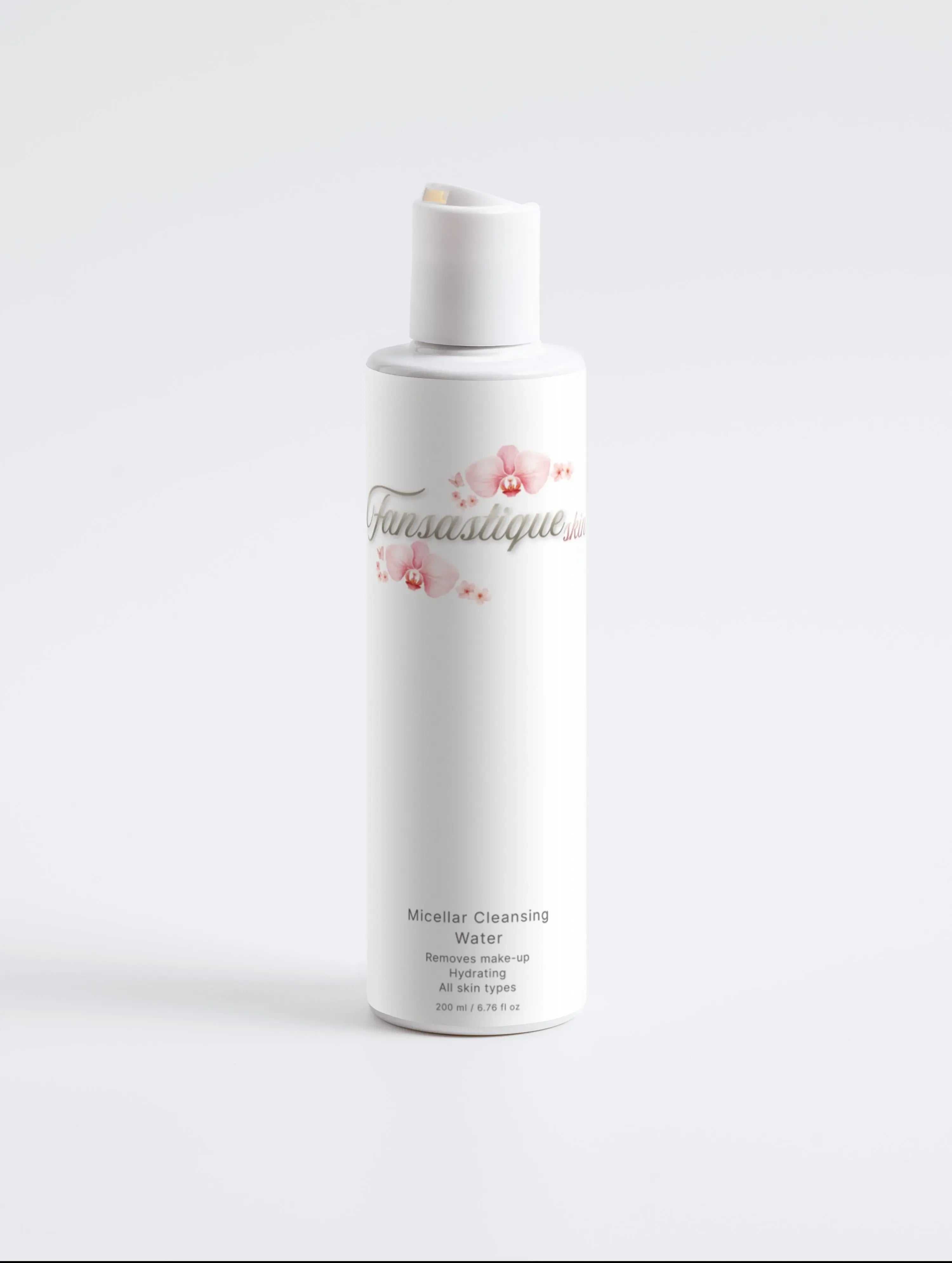 Witte fles micellaire reinigingswater met bloemenprint, make-up remover voor alle huidtypen