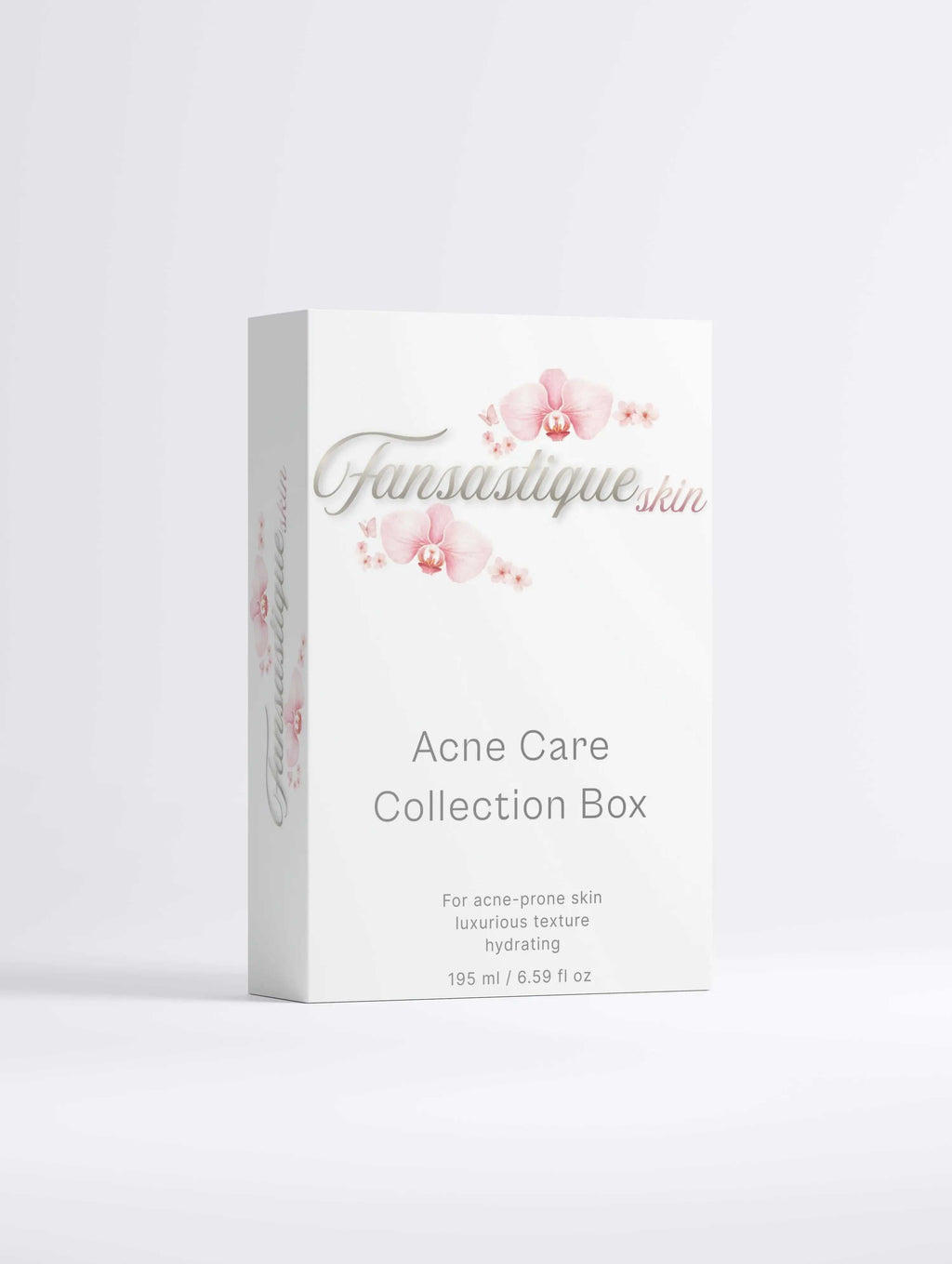 Witte verpakking Acne Care Collection Box met roze orchidee, huidverzorging voor acne.