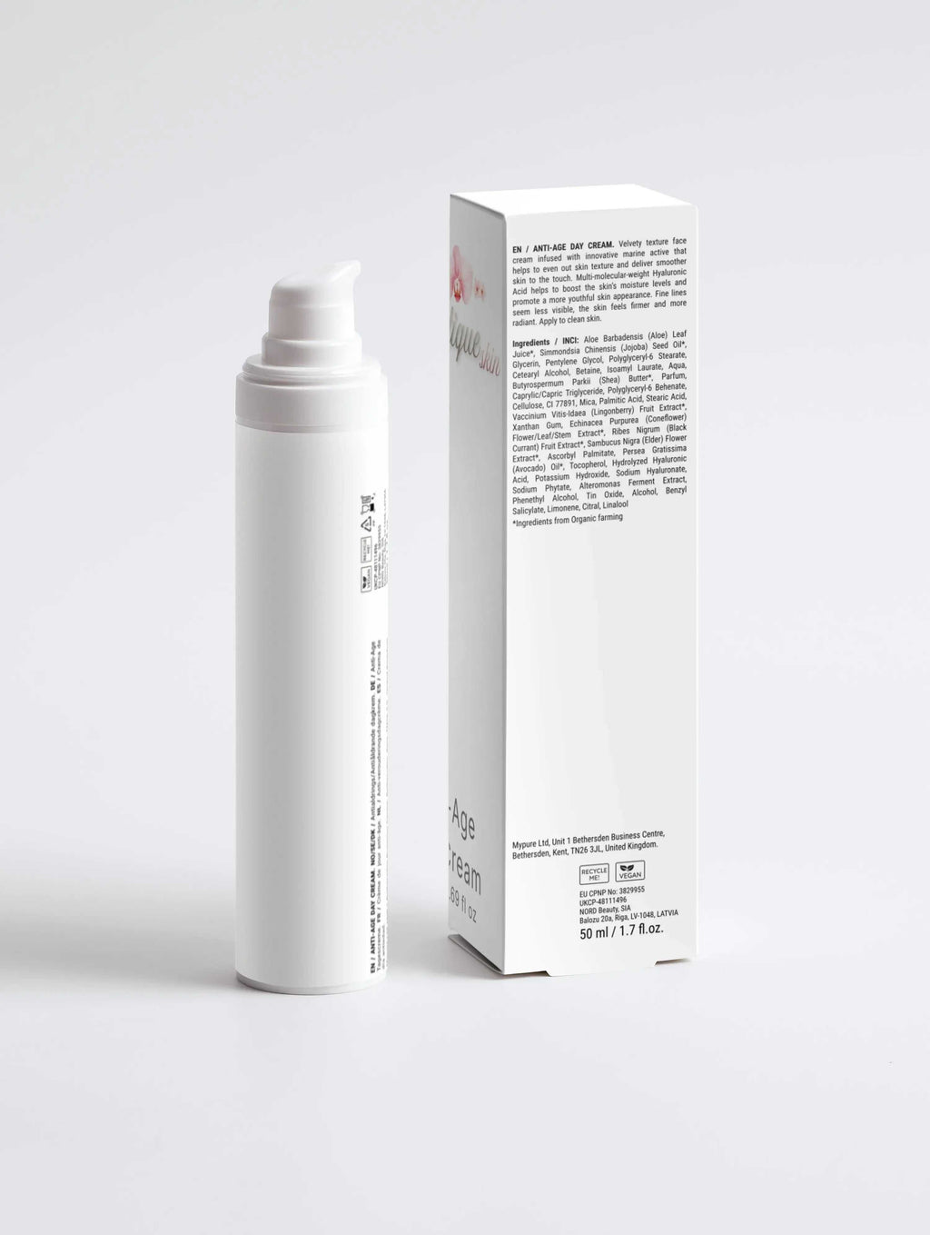 Witte anti-age dagcrème flacon met doos, luxe huidverzorging, 50 ml, minimalistisch design