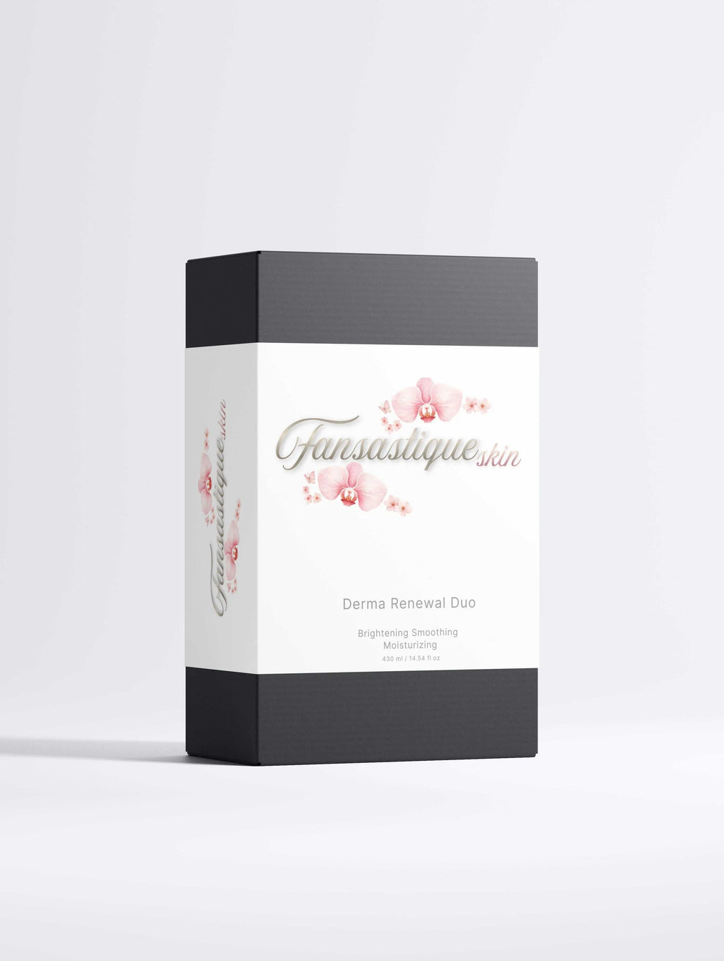 Verpakking Fansastique Skin Derma Renewal Duo, luxe huidverzorging met orchideeën op witte achtergrond
