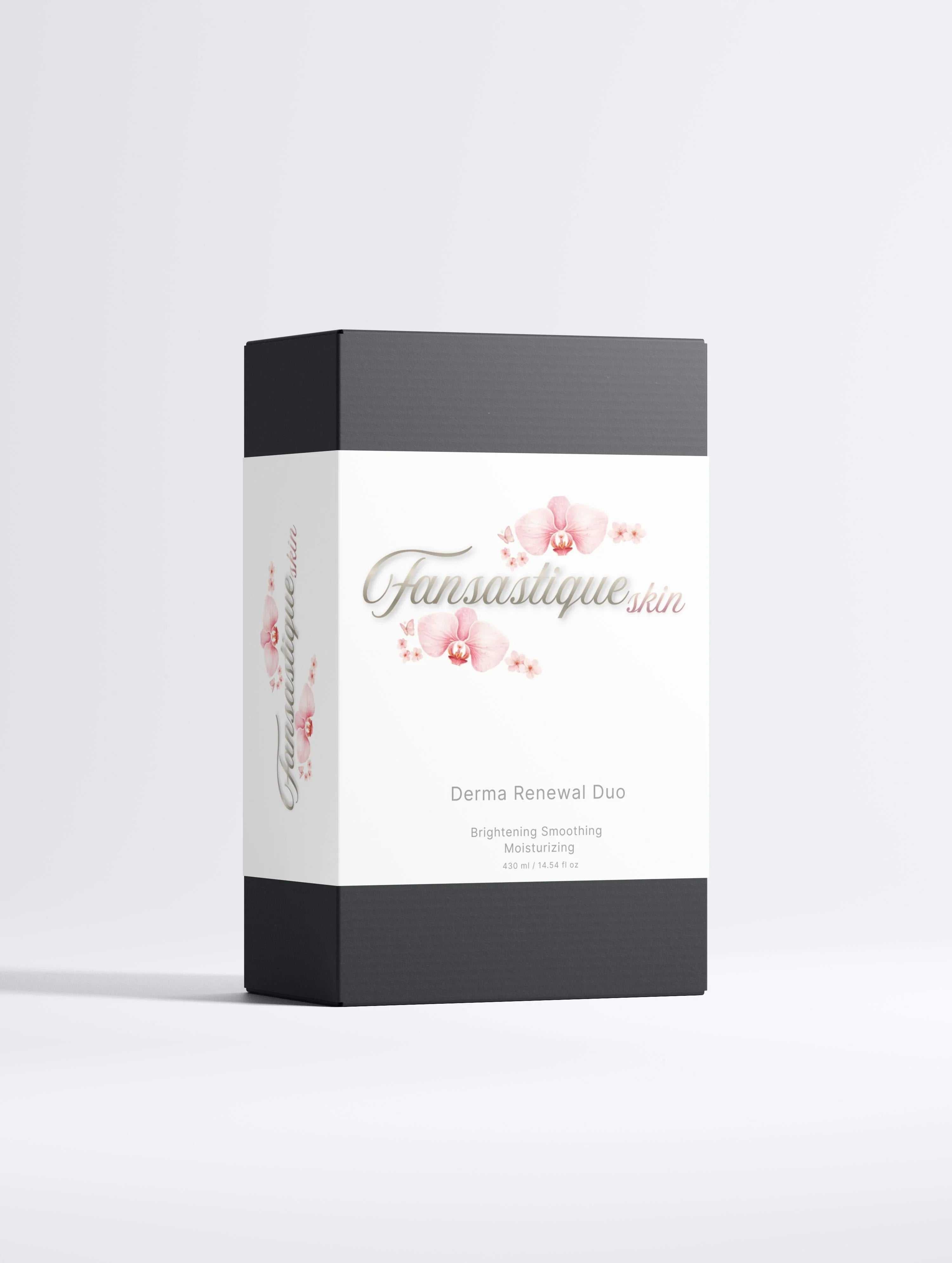 Verpakking Fansastique Skin Derma Renewal Duo, luxe huidverzorging met orchideeën op witte achtergrond
