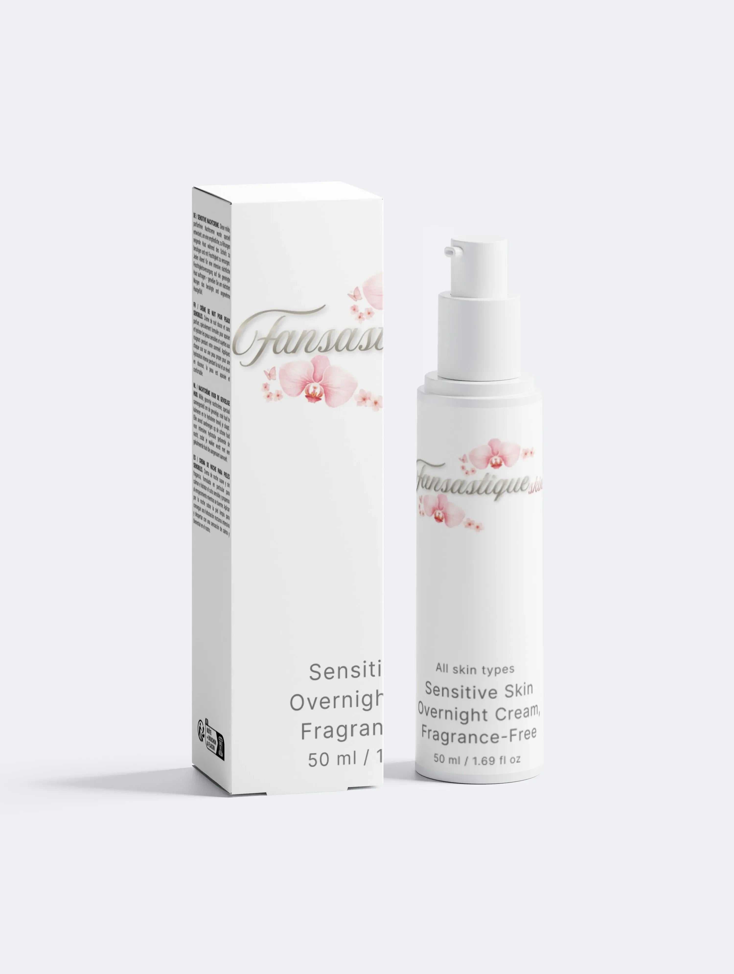 Gevoelige huid nachtcrème, parfumvrij, 50ml pompflacon en verpakking met orchidee illustratie