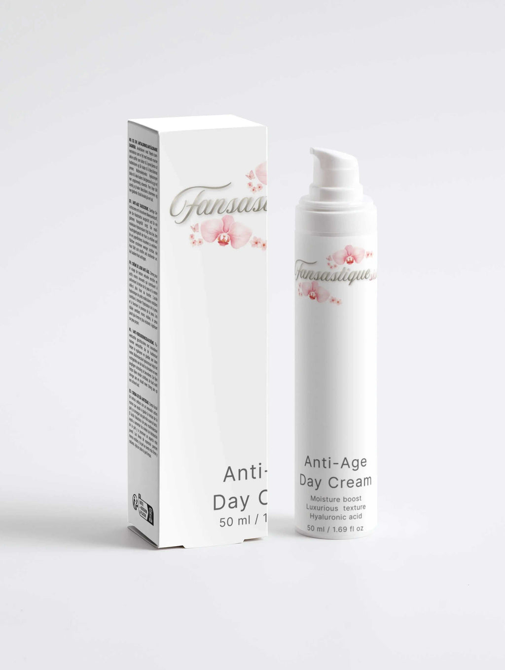 Anti-age dagcrème in witte fles met pomp en bijpassende doos, orchidee op verpakking