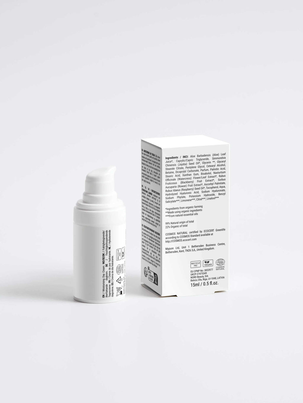 Witte skincare flacon en doos met ingrediëntenlijst, gezonde huid verzorging.