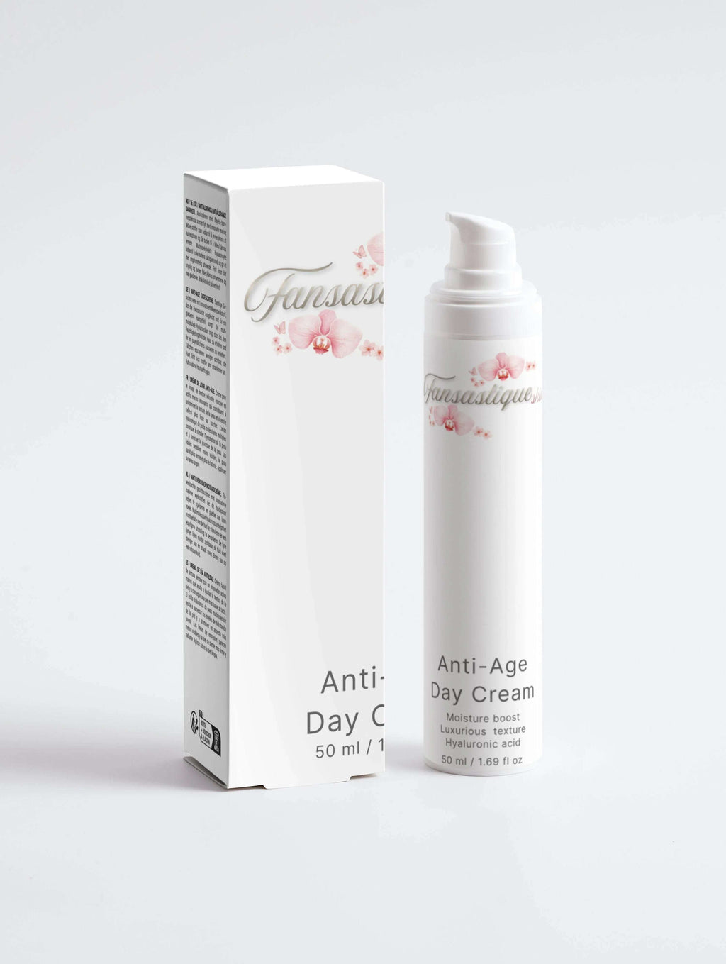 Anti-age dagcrème met hyaluronzuur en luxe textuur in witte fles en doos, 50 ml