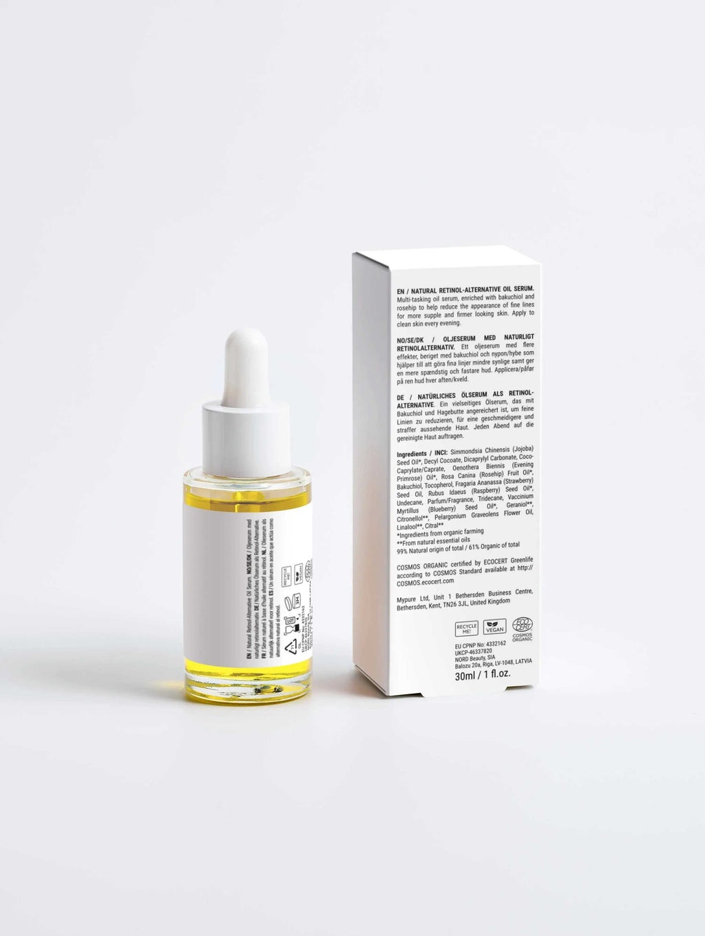 Gezichtsolie serum met pipet naast doosje, luxe huidverzorging tegen fijne lijntjes