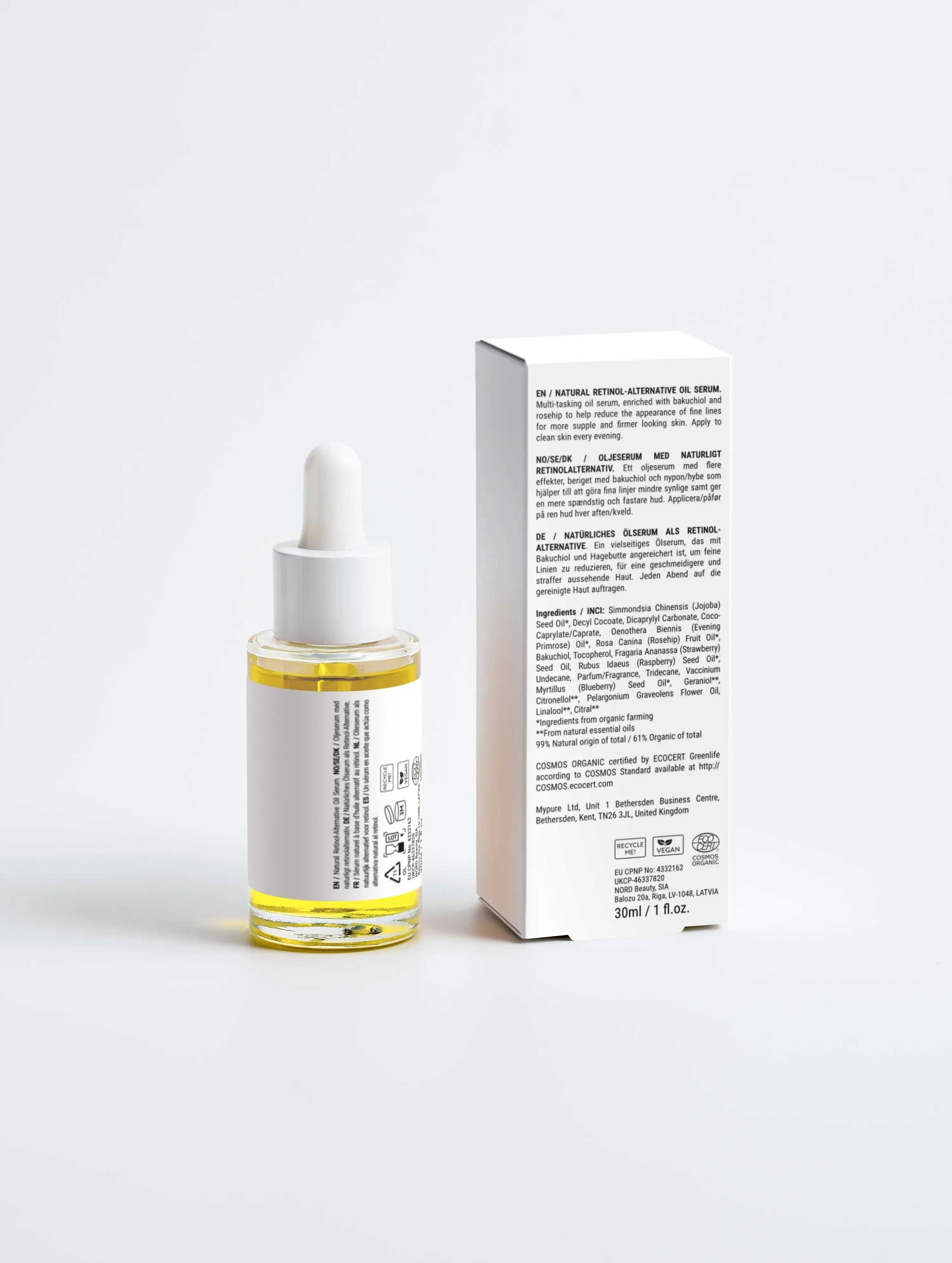 Gezichtsolie serum met pipet naast doosje, luxe huidverzorging tegen fijne lijntjes