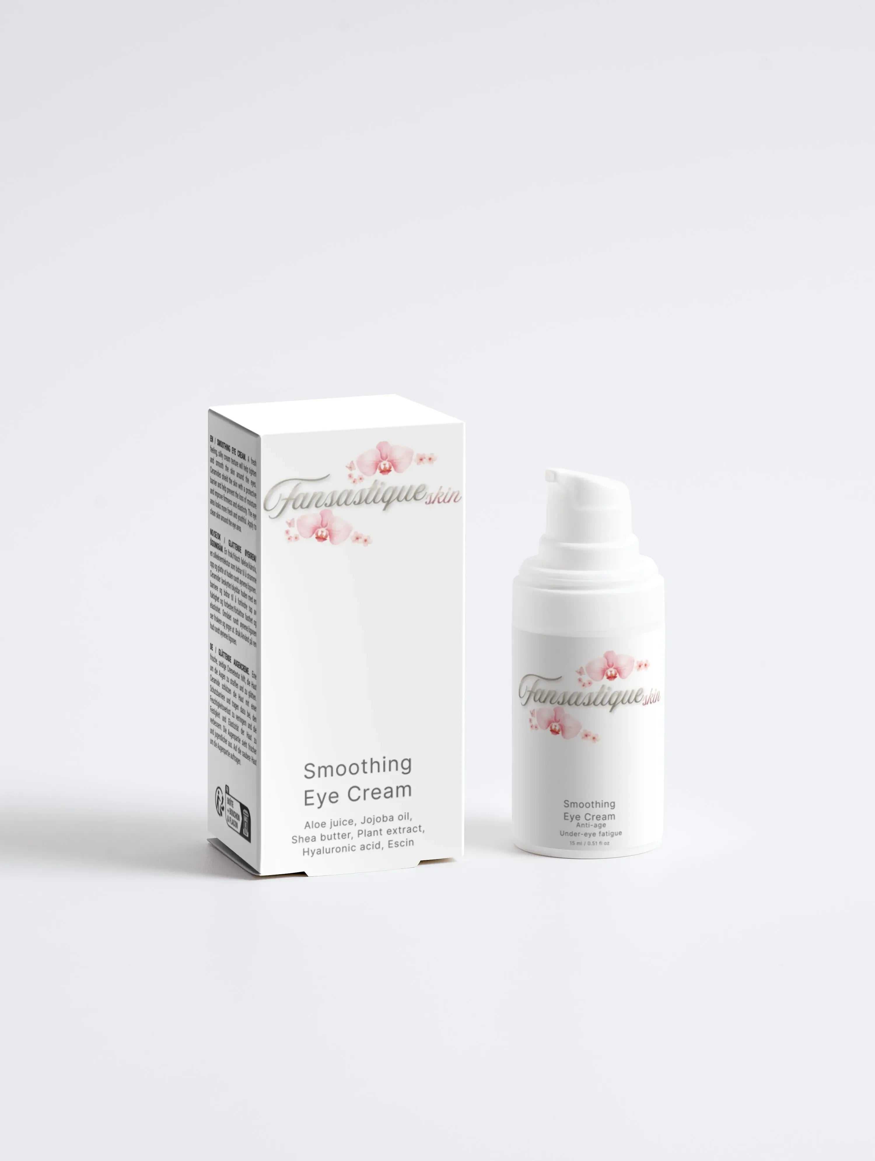 Smoothing Eye Cream flesje en verpakking met bloemen, verzorging tegen rimpels en wallen